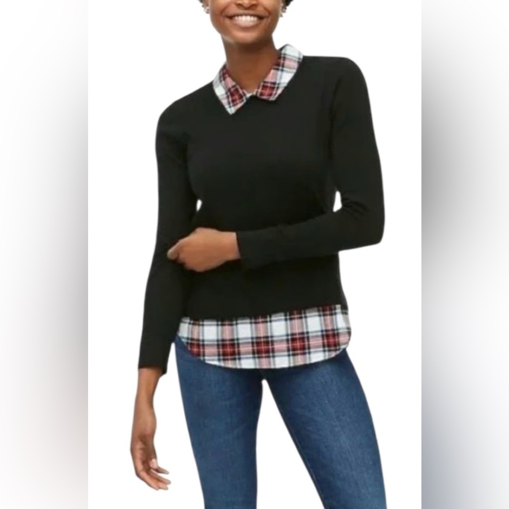 J. Crew Plaid Woven-Collar Black Sweater SzXS